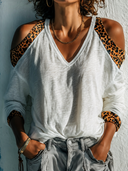 Women's Retro Casual Leopard Print Patchwork Cotton Off-Shoulder Long-Sleeve T-Shirt ZMZ0619H6ZJY