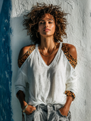 Women's Retro Casual Leopard Print Patchwork Cotton Off-Shoulder Long-Sleeve T-Shirt ZMZ0619H6ZJY