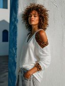 Women's Retro Casual Leopard Print Patchwork Cotton Off-Shoulder Long-Sleeve T-Shirt ZMZ0619H6ZJY