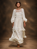 Boho Crochet Yoke Balloon Sleeve Tiered Maxi Dress