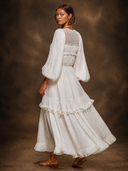 Boho Crochet Yoke Balloon Sleeve Tiered Maxi Dress