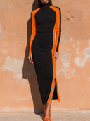 Women's Retro Casual Knitted High Neck Color Block Knitted Maxi Dress ZMZ0609H8ZJY