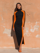 Women's Retro Casual Knitted High Neck Color Block Knitted Maxi Dress ZMZ0609H8ZJY