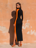 Women's Retro Casual Knitted High Neck Color Block Knitted Maxi Dress ZMZ0609H8ZJY