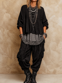 Women's Retro Casual Cotton Linen Faux Two-Piece Long-Sleeved Top And Pocket Pants Set ZMZ0665H7ZJY