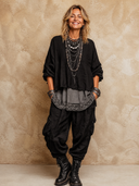 Women's Retro Casual Cotton Linen Faux Two-Piece Long-Sleeved Top And Pocket Pants Set ZMZ0665H7ZJY