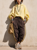 Women's Casual Light Yellow Cotton Long-sleeved Hoodie And Elastic Waist Sweatpants Set ZMZ0638H1SWL