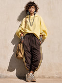 Women's Casual Light Yellow Cotton Long-sleeved Hoodie And Elastic Waist Sweatpants Set ZMZ0638H1SWL
