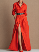 Women's Vintage Casual Solid Color Cotton Collared Button-Down Maxi Dress ZMZ0618H0ZJY