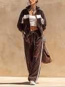 Women's Casual Brown Corduroy Long-sleeve Jacket And Trousers Two-piece Set ZMZ0651H5SWL