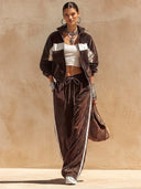 Women's Casual Brown Corduroy Long-sleeve Jacket And Trousers Two-piece Set ZMZ0651H5SWL