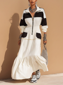 Women's Stylish Black And White Color-Block Cotton Long-Sleeve Zip-Front Maxi Dress ZMZ0654H6SWL