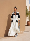 Women's Stylish Black And White Color-Block Cotton Long-Sleeve Zip-Front Maxi Dress ZMZ0654H6SWL