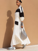 Women's Stylish Black And White Color-Block Cotton Long-Sleeve Zip-Front Maxi Dress ZMZ0654H6SWL