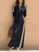 Women's Casual Dark Navy Zip-up Collar Long-sleeved Maxi Dress ZMZ0626H9SWL