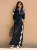 Women's Casual Dark Navy Zip-up Collar Long-sleeved Maxi Dress ZMZ0626H9SWL