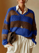 Women's Casual Retro Blue And Brown Horizontal Stripe Color-Block V- Neck Long-Sleeve Sweater ZMZ0404H2ZYY