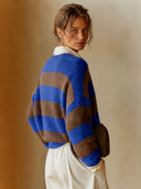 Women's Casual Retro Blue And Brown Horizontal Stripe Color-Block V- Neck Long-Sleeve Sweater ZMZ0404H2ZYY