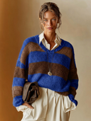 Women's Casual Retro Blue And Brown Horizontal Stripe Color-Block V- Neck Long-Sleeve Sweater ZMZ0404H2ZYY