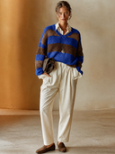 Women's Casual Retro Blue And Brown Horizontal Stripe Color-Block V- Neck Long-Sleeve Sweater ZMZ0404H2ZYY