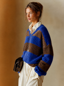 Women's Casual Retro Blue And Brown Horizontal Stripe Color-Block V- Neck Long-Sleeve Sweater ZMZ0404H2ZYY