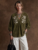 Women's Vintage-Style Faux Suede Embroidered V-Neck Lantern Sleeve Shirt ZMZ0518H1ZYY