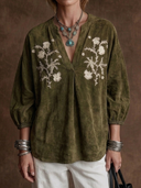 Women's Vintage-Style Faux Suede Embroidered V-Neck Lantern Sleeve Shirt ZMZ0518H1ZYY