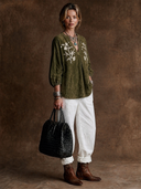 Women's Vintage-Style Faux Suede Embroidered V-Neck Lantern Sleeve Shirt ZMZ0518H1ZYY