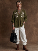 Women's Vintage-Style Faux Suede Embroidered V-Neck Lantern Sleeve Shirt ZMZ0518H1ZYY