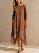 Women Faux Suede Midi Dress, 3/4 Sleeve Snake Mesh Patchwork Irregular Hem Dress With Pockets ZMZ0560H9YZH