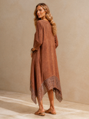 Women Faux Suede Midi Dress, 3/4 Sleeve Snake Mesh Patchwork Irregular Hem Dress With Pockets ZMZ0560H9YZH