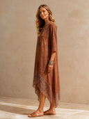 Women Faux Suede Midi Dress, 3/4 Sleeve Snake Mesh Patchwork Irregular Hem Dress With Pockets ZMZ0560H9YZH