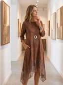 Women Faux Suede Midi Dress, 3/4 Sleeve Snake Mesh Patchwork Irregular Hem Dress With Pockets ZMZ0560H9YZH