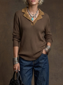 Women's American Retro Casual Faux Suede Collar Long-Sleeve Knit T-Shirt ZMZ0540H9ZYY