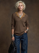 Women's American Retro Casual Faux Suede Collar Long-Sleeve Knit T-Shirt ZMZ0540H9ZYY
