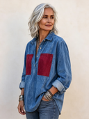 Women's Retro Red & Blue Color-Block Faux Suede Long-Sleeve Top ZMZ0587H2SWL
