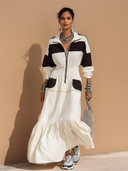 Women's Stylish Black And White Color-Block Cotton Long-Sleeve Zip-Front Maxi Dress ZMZ0654H6SWL