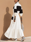 Women's Stylish Black And White Color-Block Cotton Long-Sleeve Zip-Front Maxi Dress ZMZ0654H6SWL