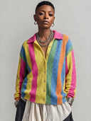 Women's Retro American-Style Casual Colorful Vertical-Stripe Collared Cardigan ZMZ0564H3ZYY