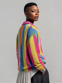 Women's Retro American-Style Casual Colorful Vertical-Stripe Collared Cardigan ZMZ0564H3ZYY
