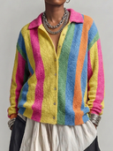 Women's Retro American-Style Casual Colorful Vertical-Stripe Collared Cardigan ZMZ0564H3ZYY