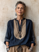 Women's Classic Cotton-Linen V-Neck Color-Block Long-Sleeve Top ZMZ0590H2SWL
