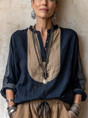 Women's Classic Cotton-Linen V-Neck Color-Block Long-Sleeve Top ZMZ0590H2SWL