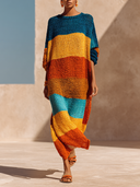 Women's Color-Block Striped Loose-Fit Long-Sleeve Knit Maxi Sweater Dress ZMZ0615H9XT