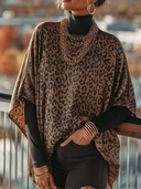 Women's Retro Casual Leopard Print Brushed Round Neck Three-Quarter Sleeve Top ZMZ0747H5ZJY