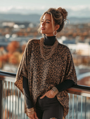 Women's Retro Casual Leopard Print Brushed Round Neck Three-Quarter Sleeve Top ZMZ0747H5ZJY