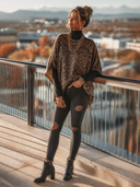 Women's Retro Casual Leopard Print Brushed Round Neck Three-Quarter Sleeve Top ZMZ0747H5ZJY