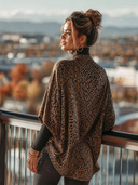 Women's Retro Casual Leopard Print Brushed Round Neck Three-Quarter Sleeve Top ZMZ0747H5ZJY