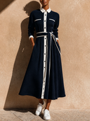 Women's Color Block Lapel Long Sleeve True Knowledge Maxi Dress ZMZ0605H6XT