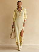 Women's Classic Light Yellow High-Stretch Knit Midi Dress With Slit ZMZ0797H1SWL